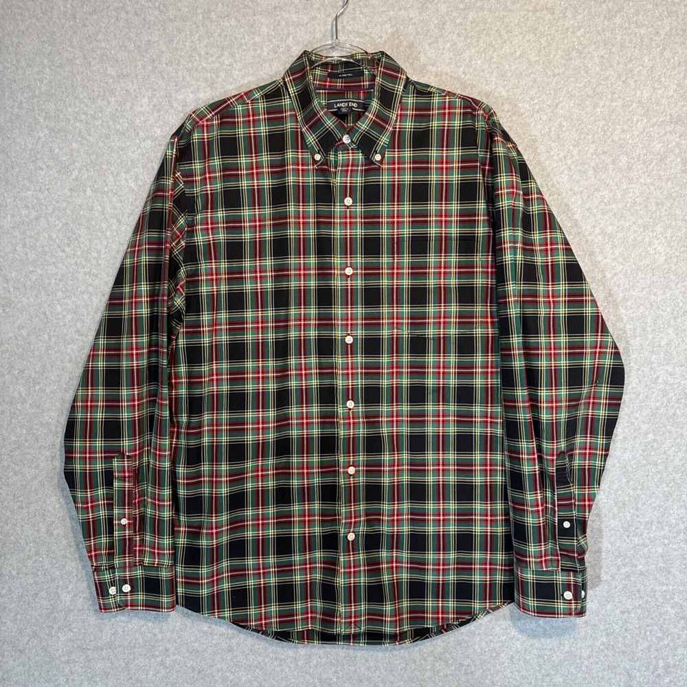Lands' End Button Up Shirt Men L 16-16 1/2 Traditional Fit No Iron Twill Plaid